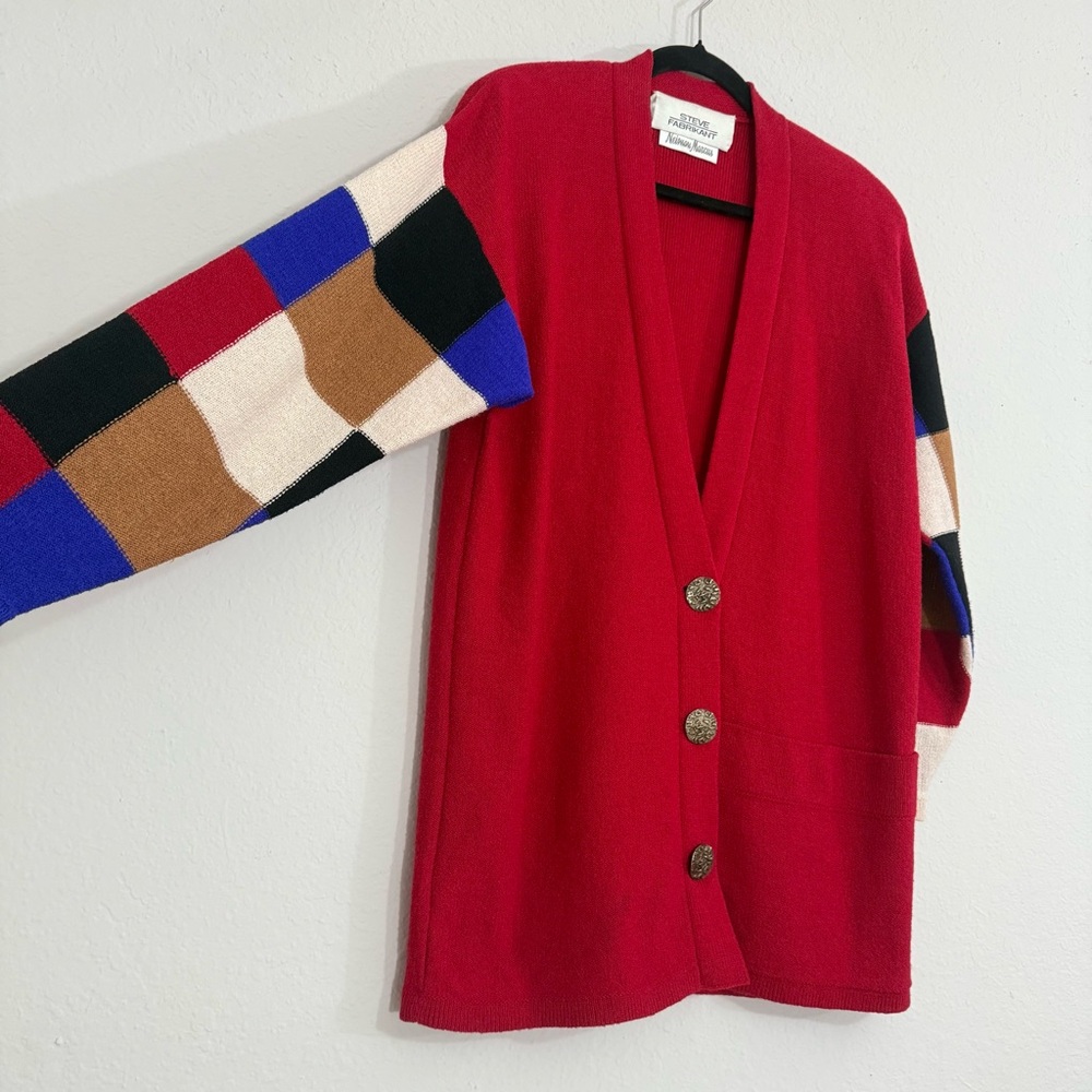 Vintage 80’s Steve Fabrikant Neiman Marcus Wool Color-block Sweater Cardigan - Picture 4 of 10